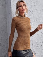 Mock-neck Cable Knit Fitted Tee