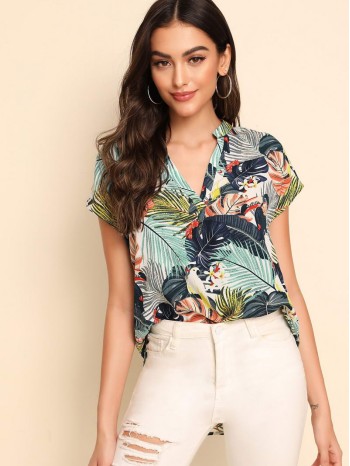 V-cut Neck High-low Hem Tropical Print Top