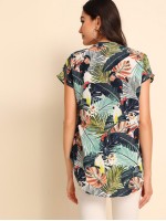 V-cut Neck High-low Hem Tropical Print Top