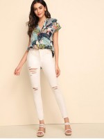 V-cut Neck High-low Hem Tropical Print Top