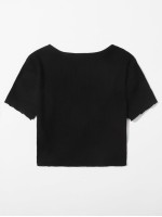 Lettuce Trim Letter Graphic Rib-knit Top