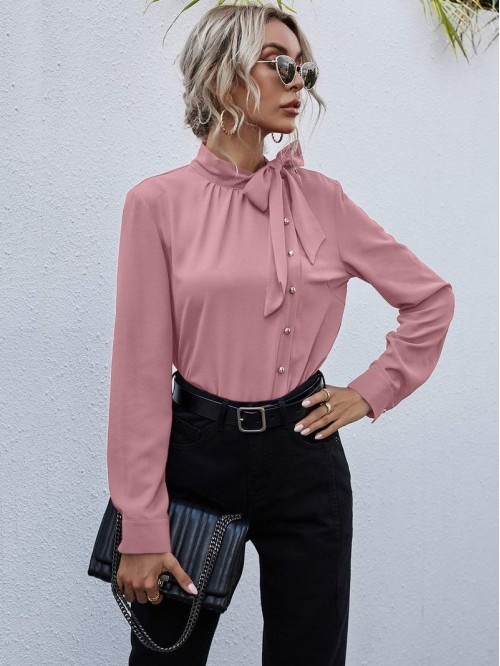 Tie Neck Button Front Blouse