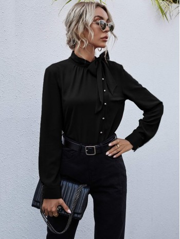 Tie Neck Button Front Blouse