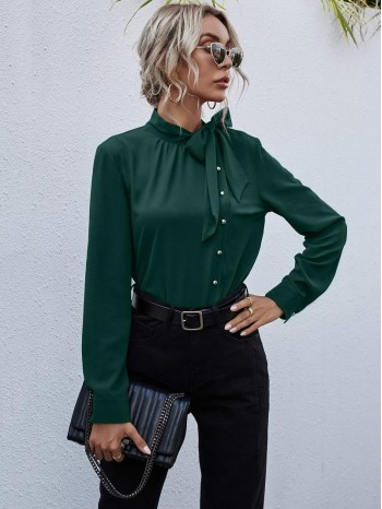 Tie Neck Button Front Blouse