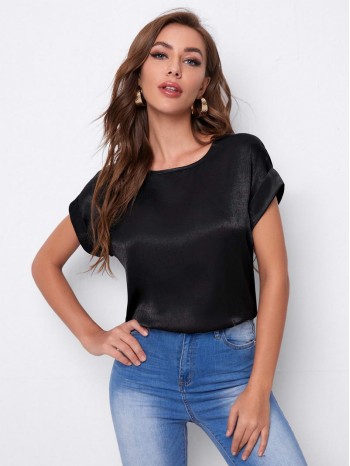 Solid Roll Up Sleeve Top