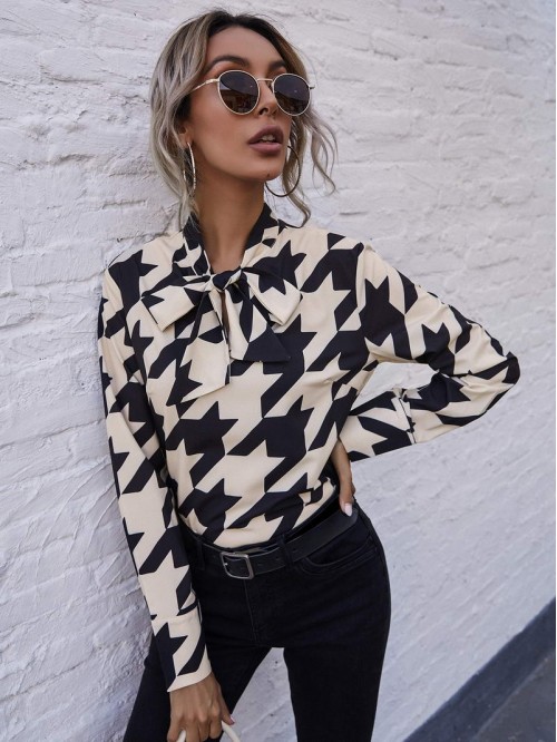 Tie Neck Houndstooth Top