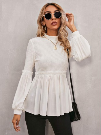 Mock Neck Frill Trim Peplum Top