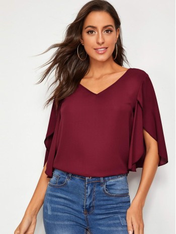 V-neck Petal Sleeve Solid Top