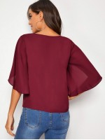 V-neck Petal Sleeve Solid Top