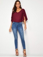 V-neck Petal Sleeve Solid Top