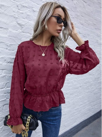 Swiss Dot Ruffle Hem Blouse