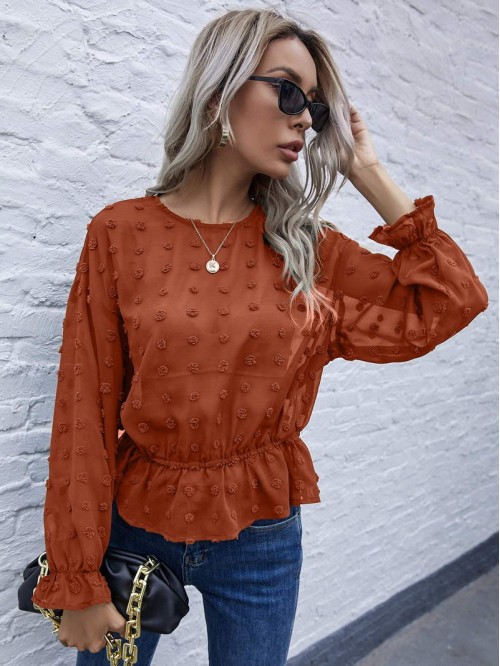 Swiss Dot Ruffle Hem Blouse