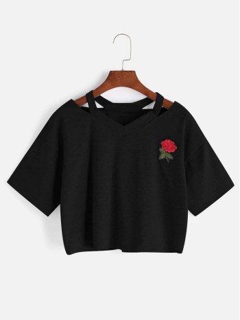 Rose Patch Graphic Boxy Cropped Tee