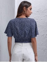 Surplice Neck Flutter Sleeve Plants Print Crop Top