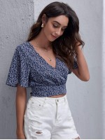 Surplice Neck Flutter Sleeve Plants Print Crop Top