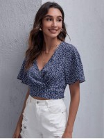 Surplice Neck Flutter Sleeve Plants Print Crop Top