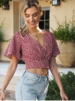 Flutter Sleeve Plants Print Crop Top