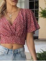 Flutter Sleeve Plants Print Crop Top