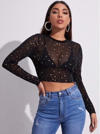 Gold Star Print Crop Mesh Top