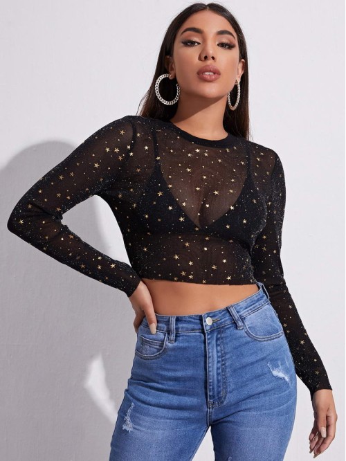 Gold Star Print Crop Mesh Top