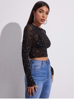 Gold Star Print Crop Mesh Top