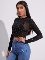 Gold Star Print Crop Mesh Top