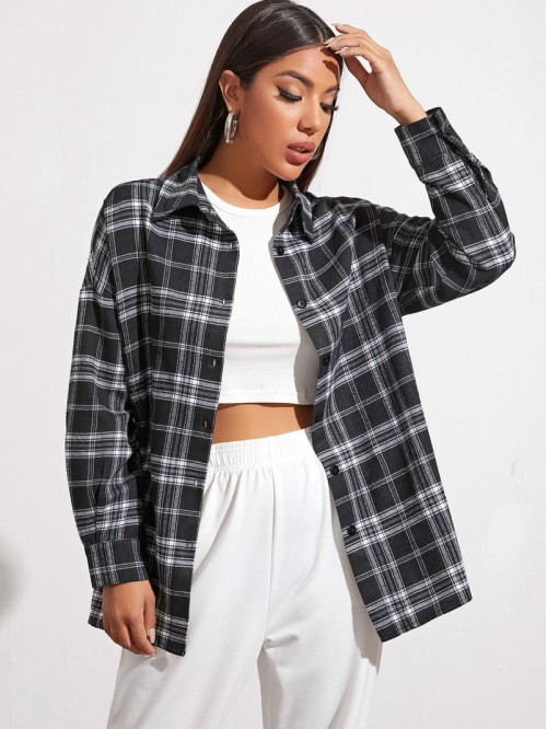 Drop Shoulder Tartan Blouse