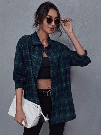 Drop Shoulder Tartan Blouse