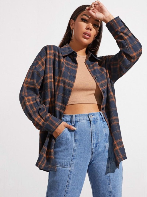 Drop Shoulder Tartan Blouse