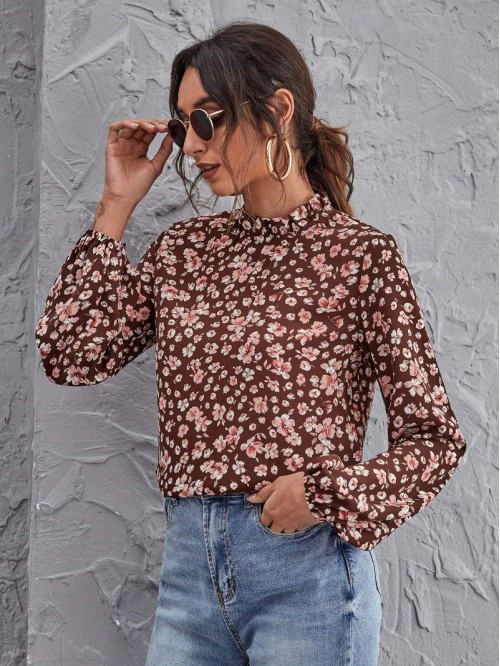 Frill Neck Lantern Sleeve Floral Top