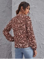 Frill Neck Lantern Sleeve Floral Top