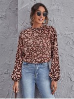 Frill Neck Lantern Sleeve Floral Top