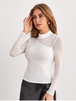 Mock-neck Mesh Panel Fitted Tee