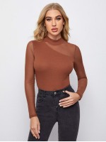 Mock-neck Mesh Panel Fitted Tee