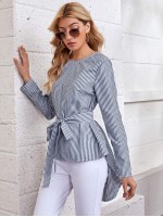 Self Belted Dip Hem Striped Top