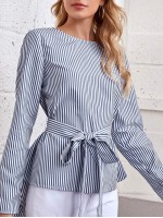 Self Belted Dip Hem Striped Top