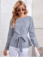 Self Belted Dip Hem Striped Top