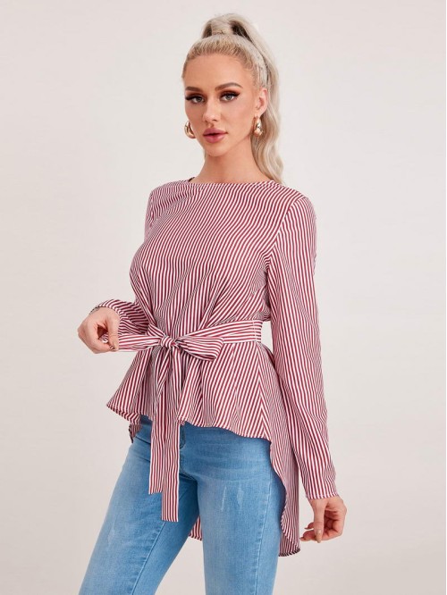 Self Belted Dip Hem Striped Top