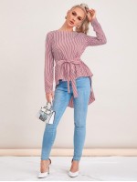 Self Belted Dip Hem Striped Top