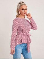 Self Belted Dip Hem Striped Top