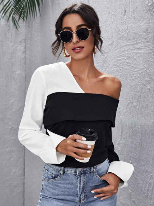 Color Block Asymmetrical Neck Top