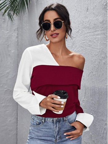 Color Block Asymmetrical Neck Top