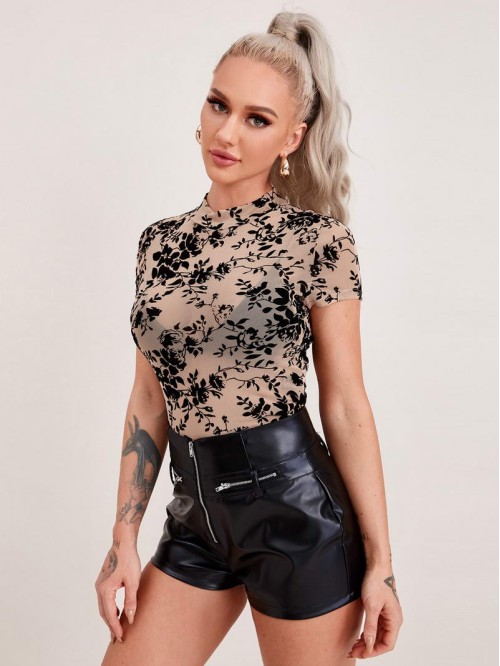 Mock Neck Floral Mesh Top Without Bra