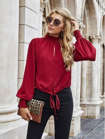 Shirred Peekaboo Knot Hem Blouse