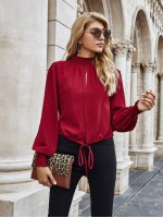 Shirred Peekaboo Knot Hem Blouse