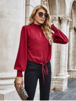 Shirred Peekaboo Knot Hem Blouse