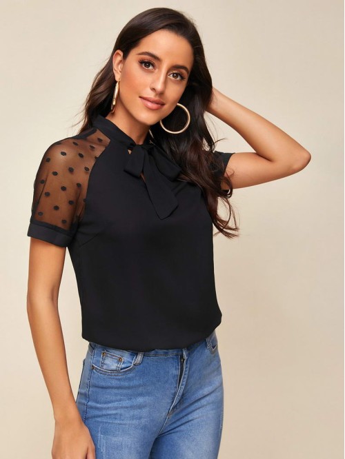 Tie Neck Dot Mesh Raglan Sleeve Top