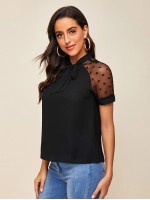 Tie Neck Dot Mesh Raglan Sleeve Top