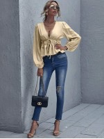 Lantern Sleeve Tie Front Peplum Top