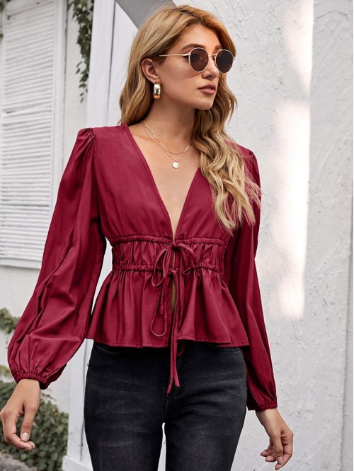 Lantern Sleeve Tie Front Peplum Top